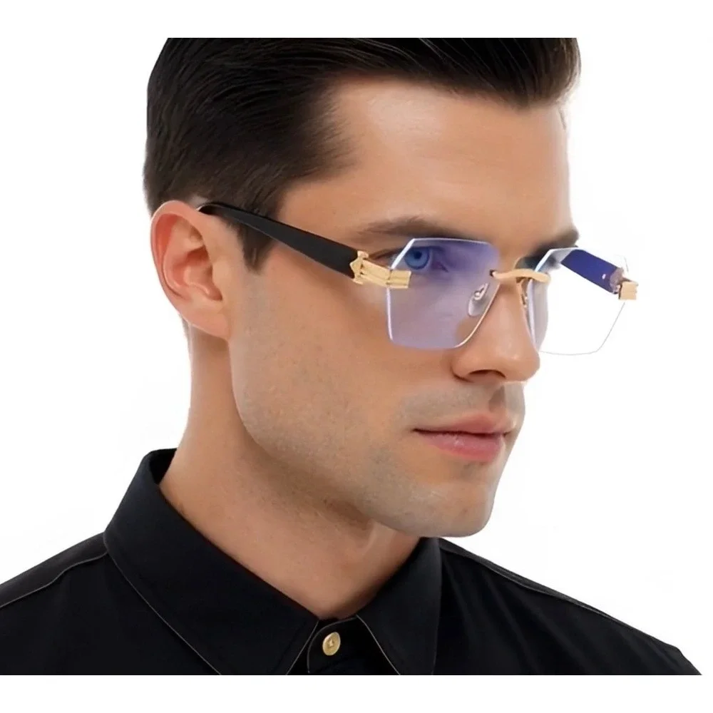 Mens Rimless Octagon Sunglasses Gold Black Clear Lens Geometric Luxury Eyewear‎